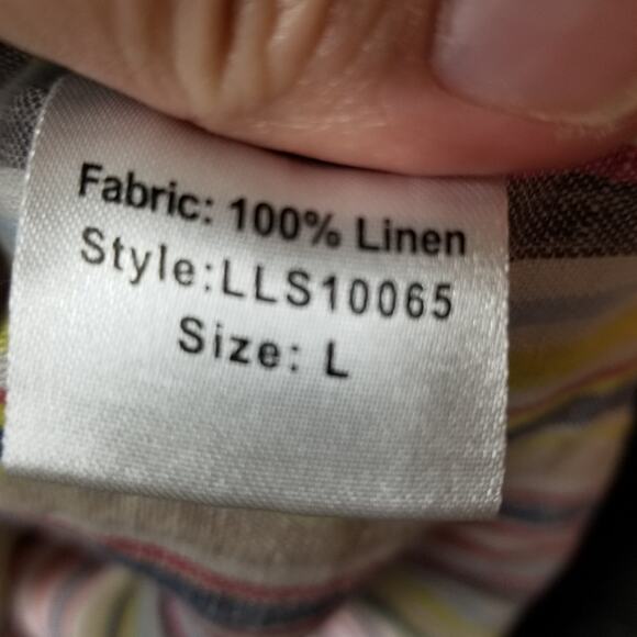 Elan Popover Top Large 100% Linen Striped Long Sleeve Split V Neck - Picture 9 of 10